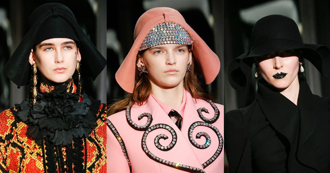 Женские головные уборы осень-зима 2017-18: черная и розовая фетровая шляпа Gucci.
