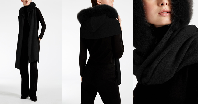Модный тотал лук от Макс Мара: чёрный наряд и шапка-шарф черного цвета.